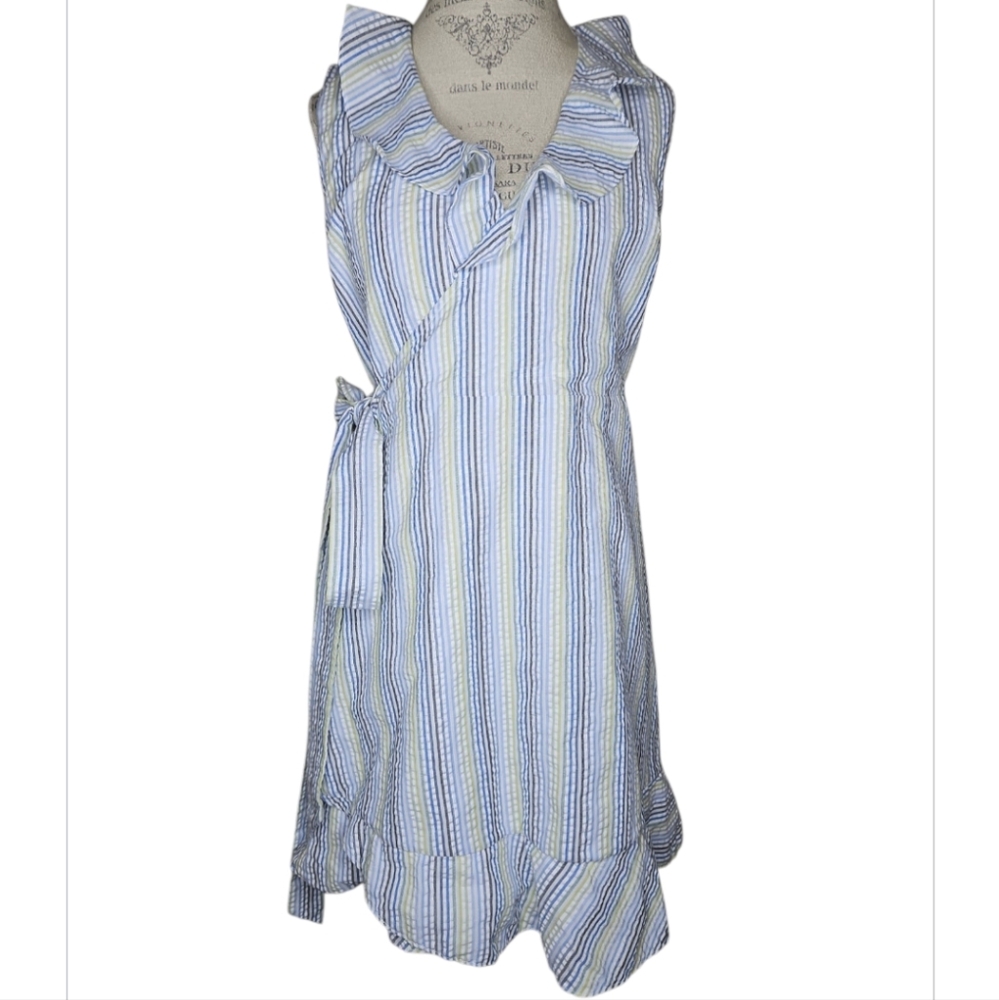 Draper James Blue Yellow White Striped Seersucker Wrap Dress Size 6